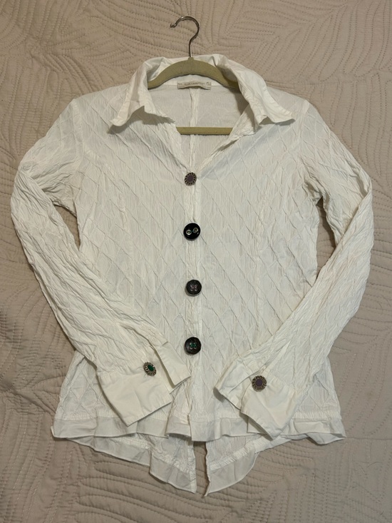 Elisa Cavaletti Tops - Elisa Cavaletti Cotton White Textured Button-Down Shirt with Decorative Buttons